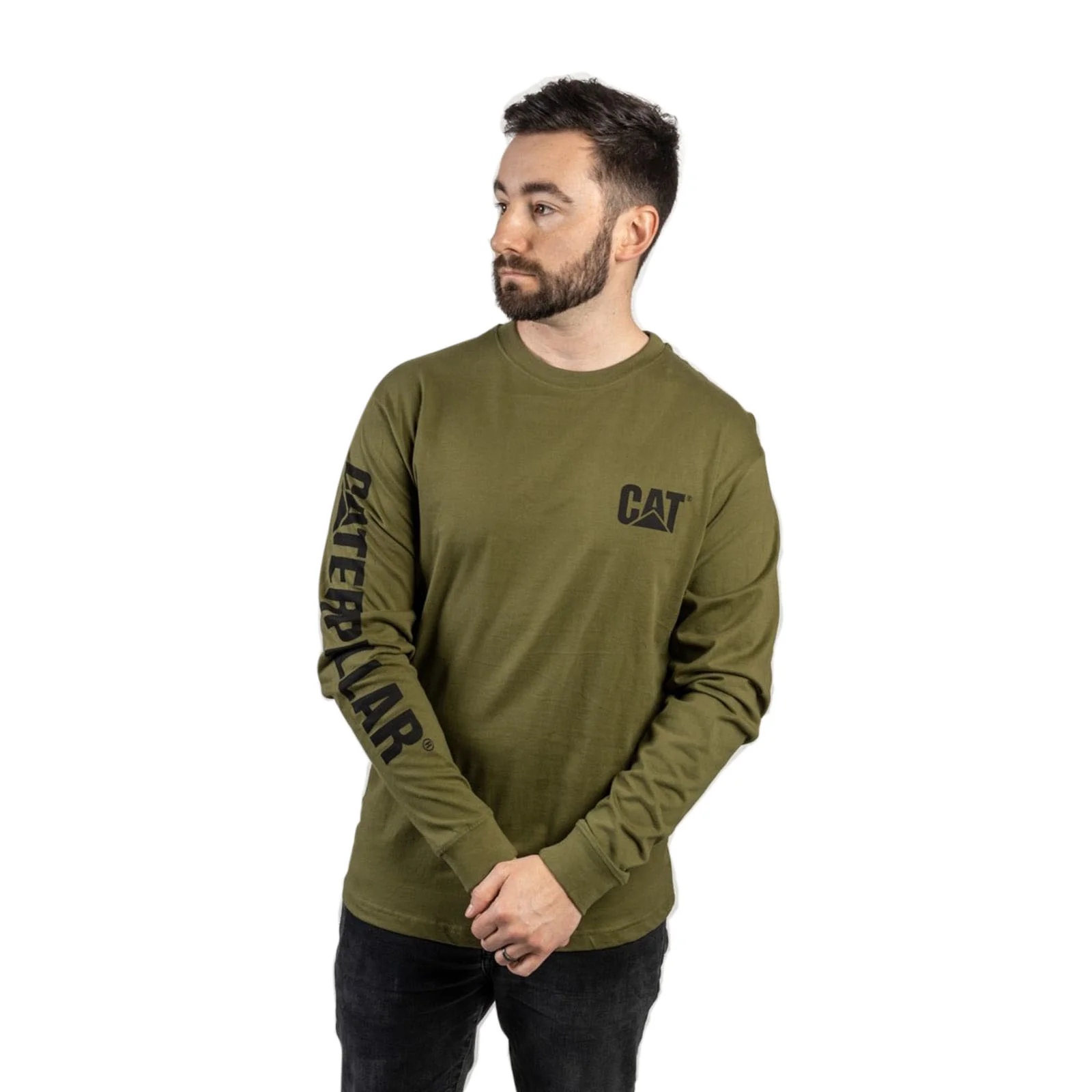 Caterpillar Mens Trademark Banner Long Sleeve T-Shirt Chive