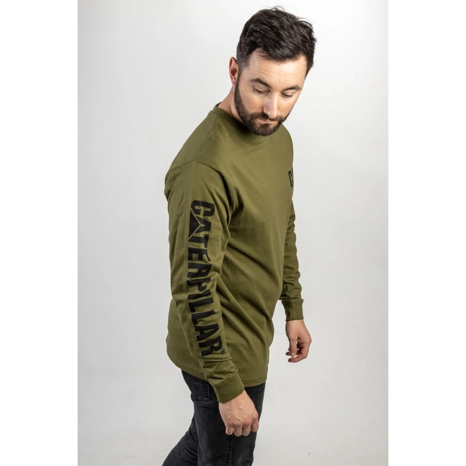 Caterpillar Mens Trademark Banner Long Sleeve T-Shirt Chive - Image 3