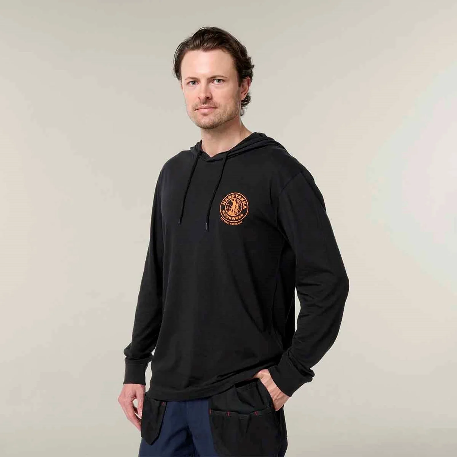 Hard Yakka Mens Hooded Long Sleeve Tee Black - Image 5