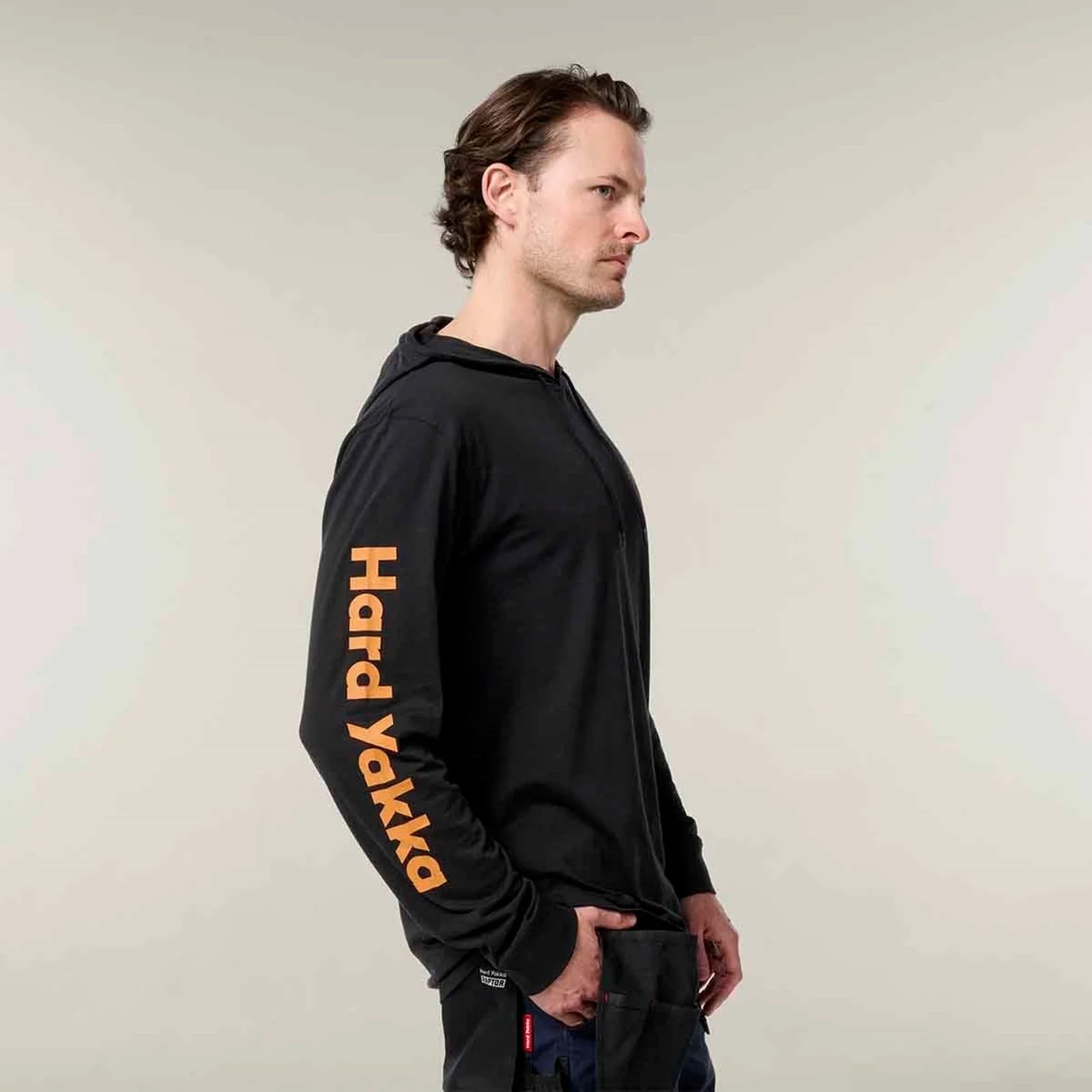 Hard Yakka Mens Hooded Long Sleeve Tee Black - Image 6