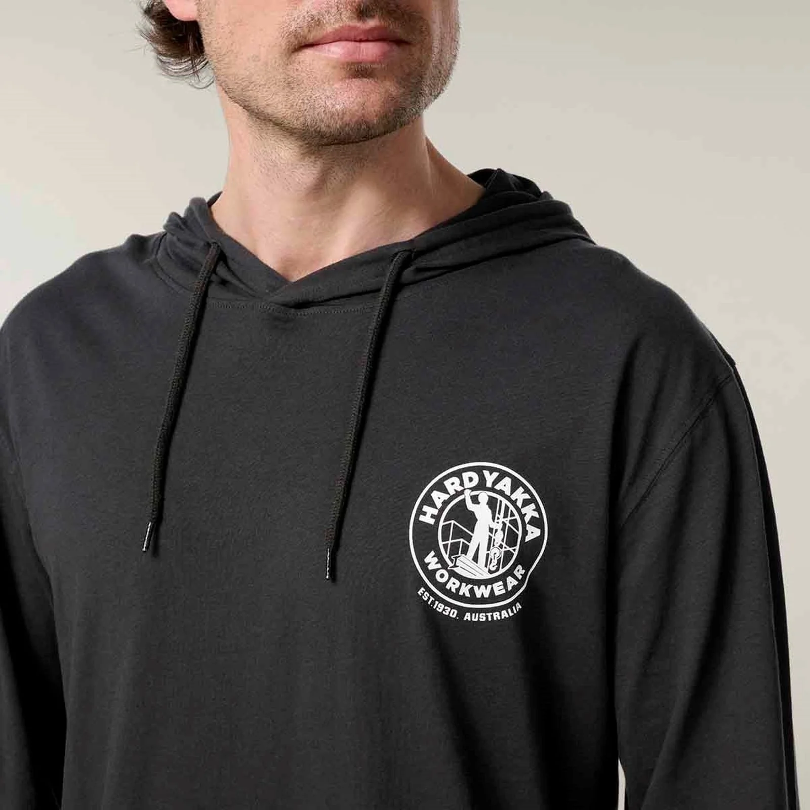 Hard Yakka Mens Hooded Long Sleeve Tee Charcoal - Image 3