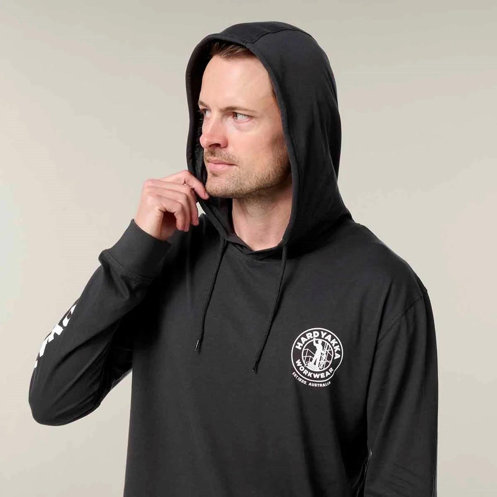 Hard Yakka Mens Hooded Long Sleeve Tee Charcoal - Image 4