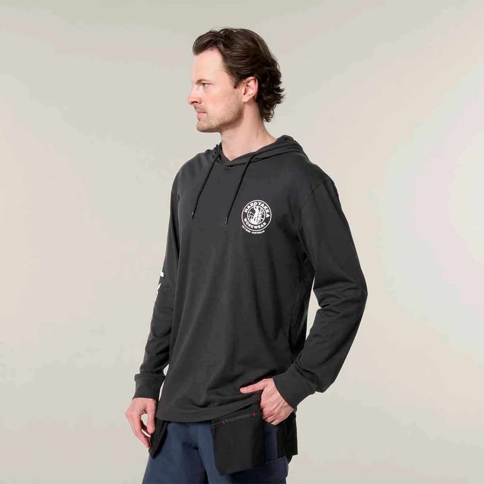 Hard Yakka Mens Hooded Long Sleeve Tee Charcoal - Image 5