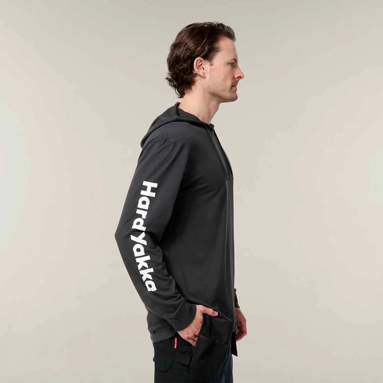 Hard Yakka Mens Hooded Long Sleeve Tee Charcoal - Image 6