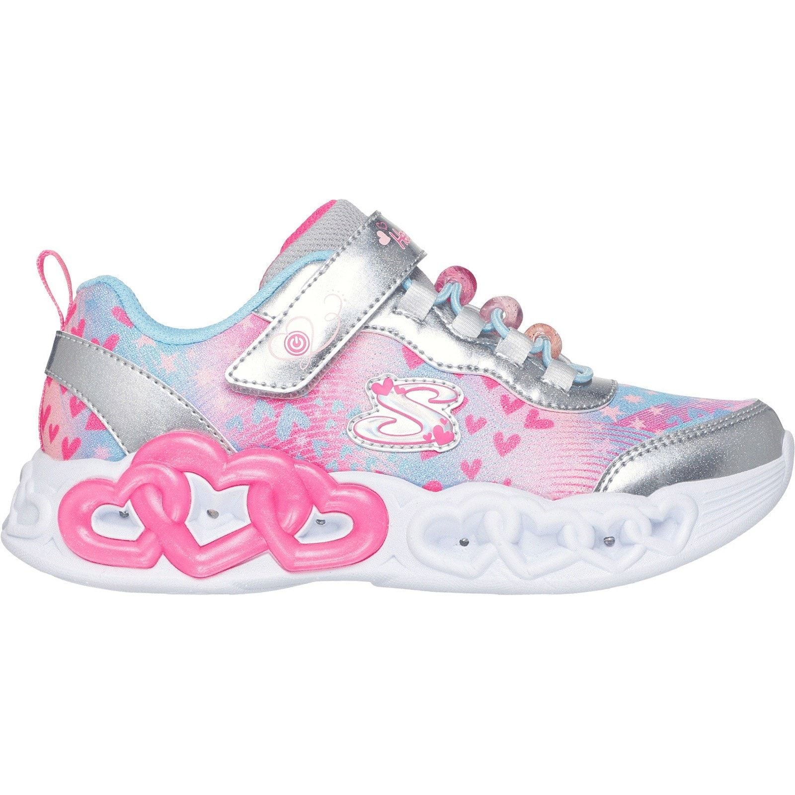 Skechers Junior Girls Infinite Heart Lights Heart Jewels Trainer Silver/Multi
