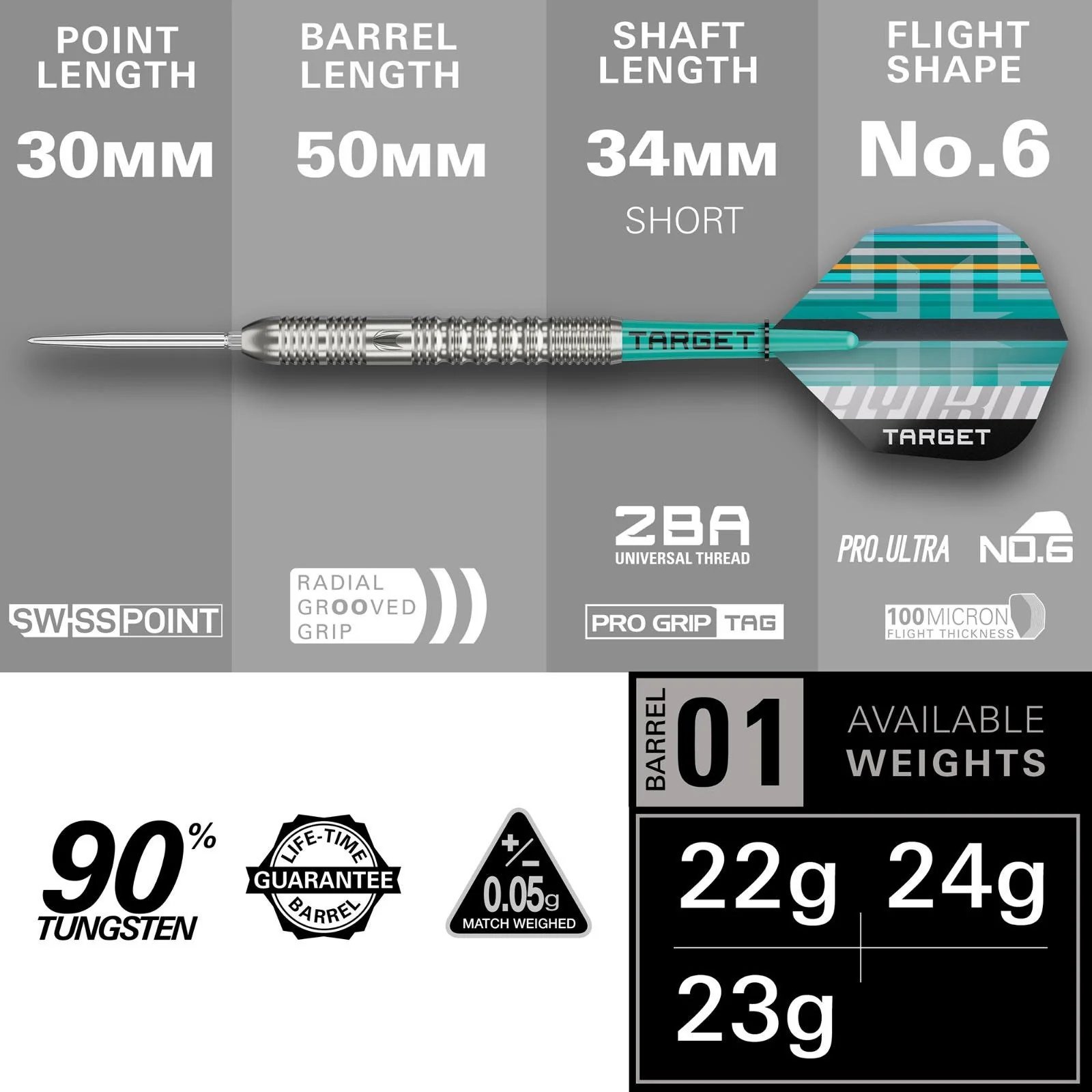 Target Hydro 01 Swiss Point 90% Tungsten 24G Steel Tip Darts - Image 5